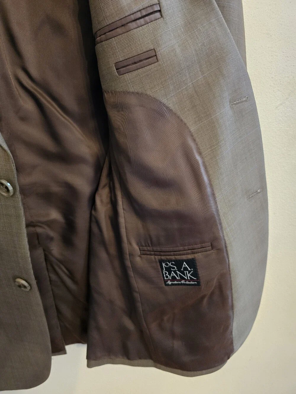 Jos. A. Bank Signature Wool Tan Beige Blue Stripe Plaid 40R Blazer Sport Coat